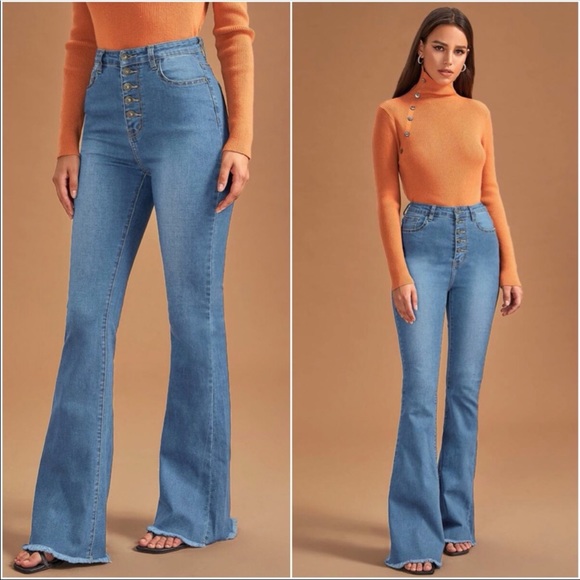 High Waisted Button Fitted Bell Bottom DARK BLUE - Picture 9 of 12